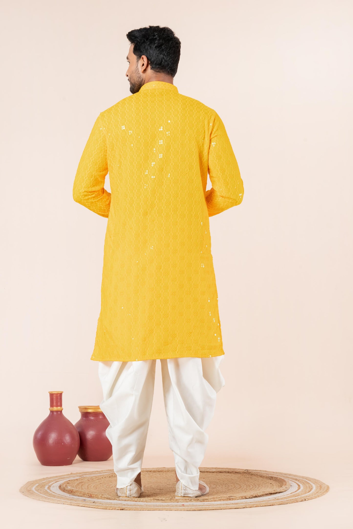 Zavaya Men Yellow Embroidery Cotton Blend Kurta Dhoti Set