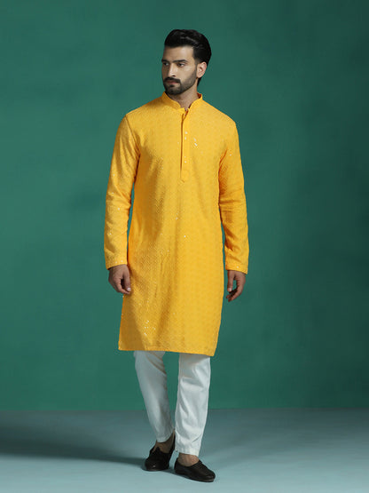 Zavaya Men Yellow Embroidery Cotton Blend Kurta Pyjama Set