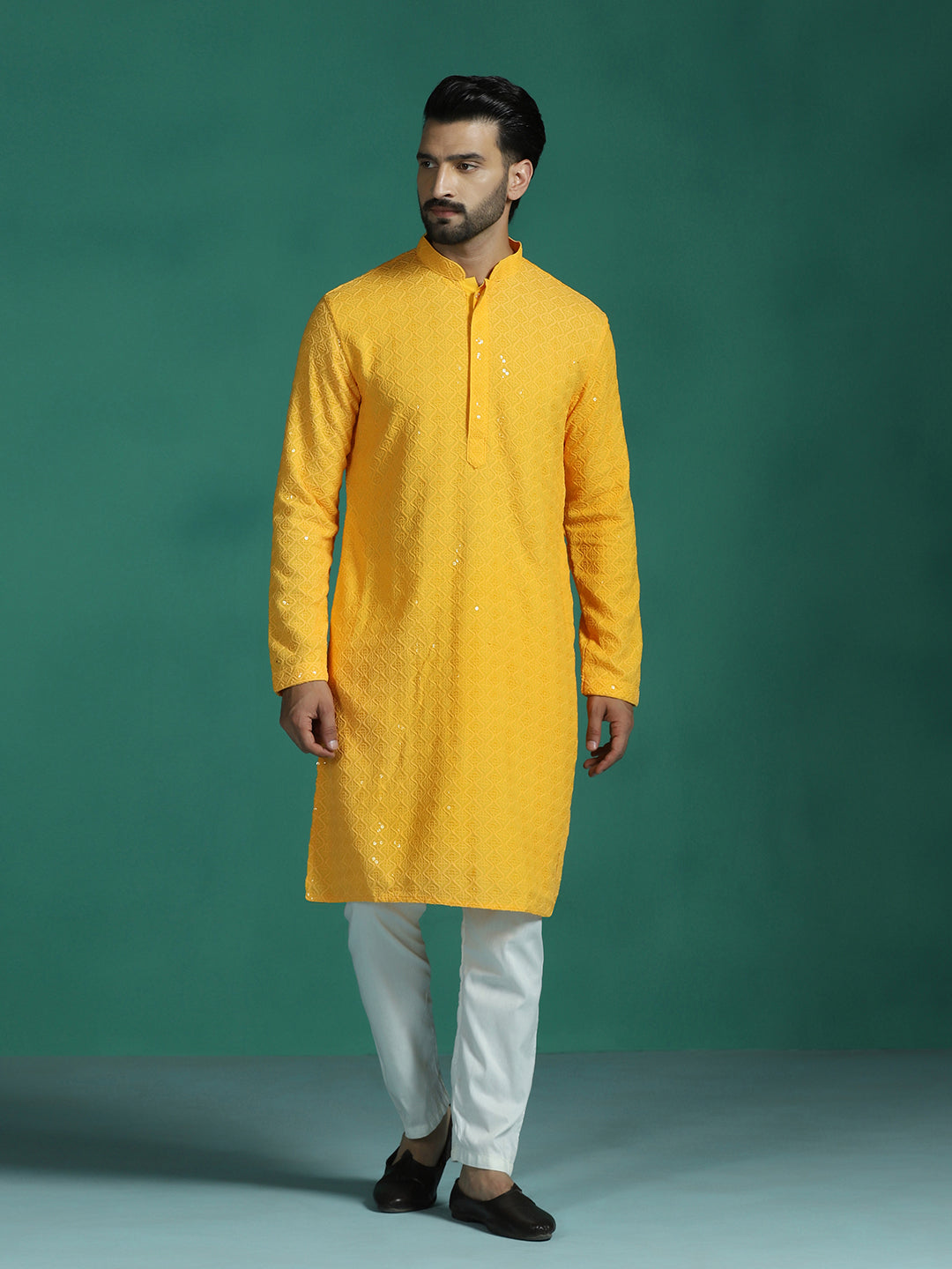 Zavaya Men Yellow Embroidery Cotton Blend Kurta