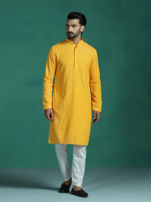 Zavaya Men Yellow Embroidery Cotton Blend Kurta