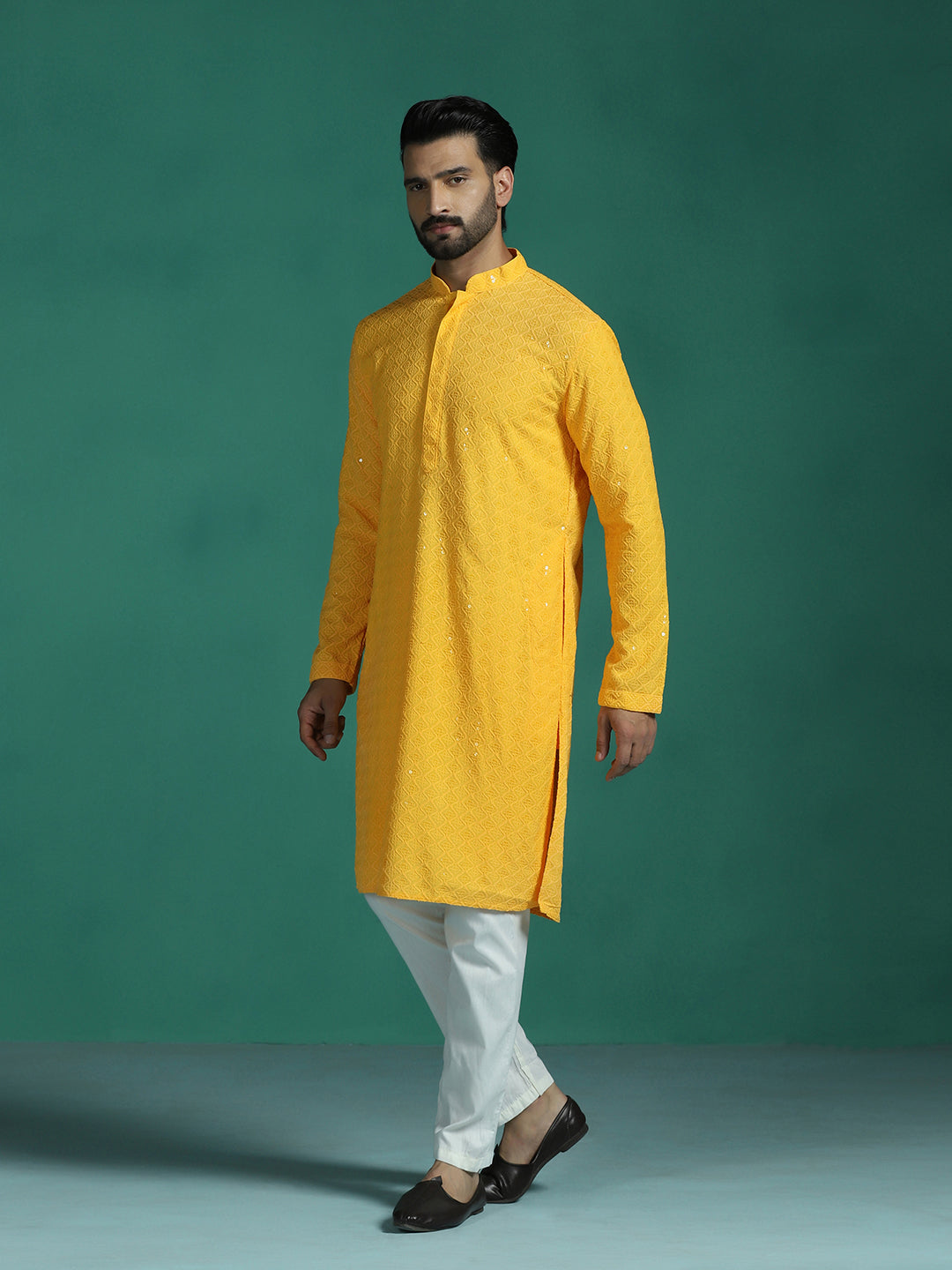Zavaya Men Yellow Embroidery Cotton Blend Kurta Pyjama Set