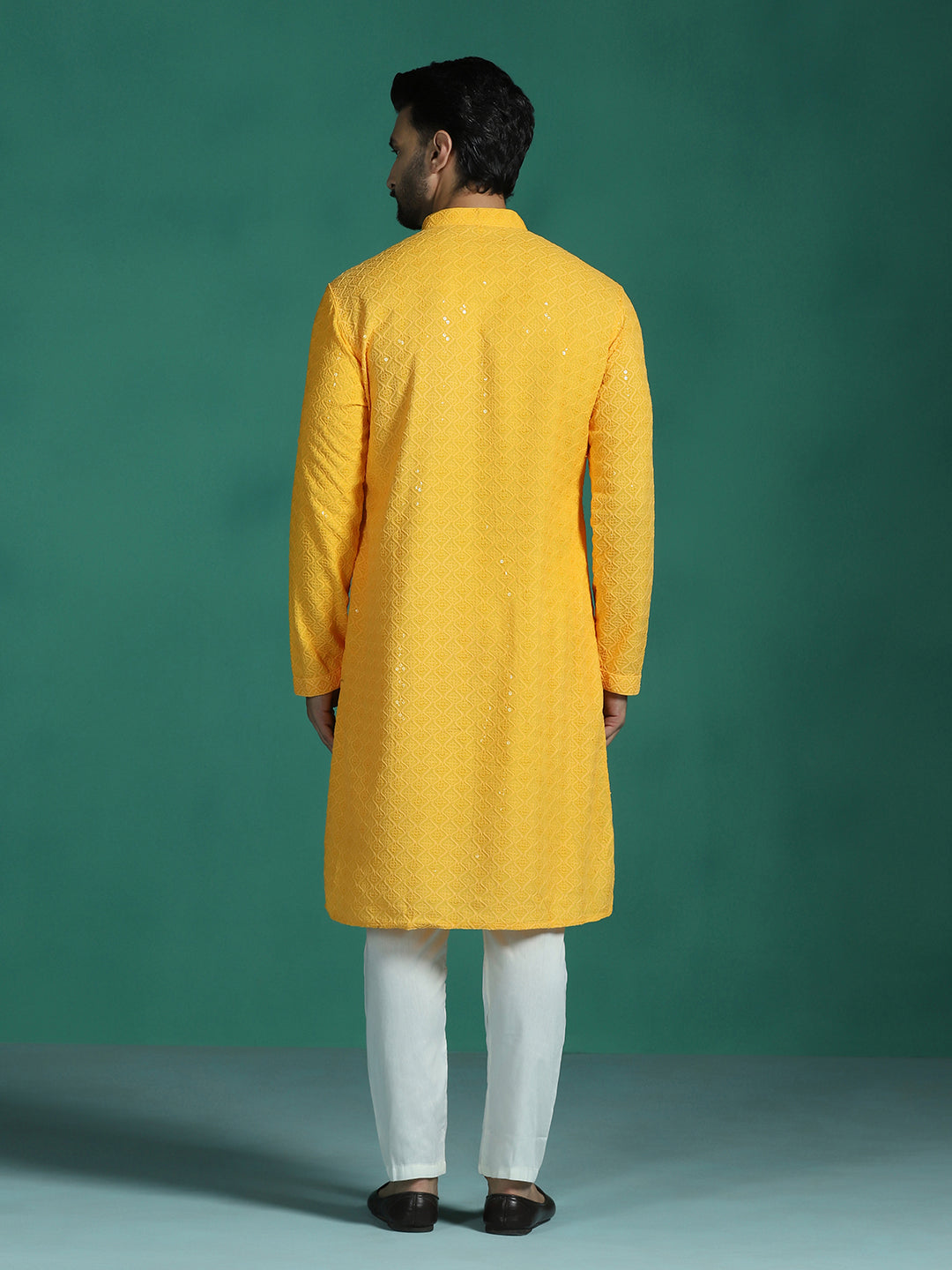 Zavaya Men Yellow Embroidery Cotton Blend Kurta Pyjama Set