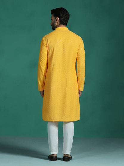 Zavaya Men Yellow Embroidery Cotton Blend Kurta