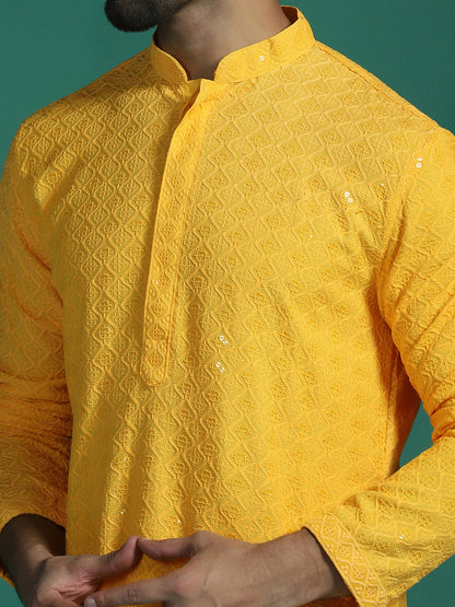 Zavaya Men Yellow Embroidery Cotton Blend Kurta