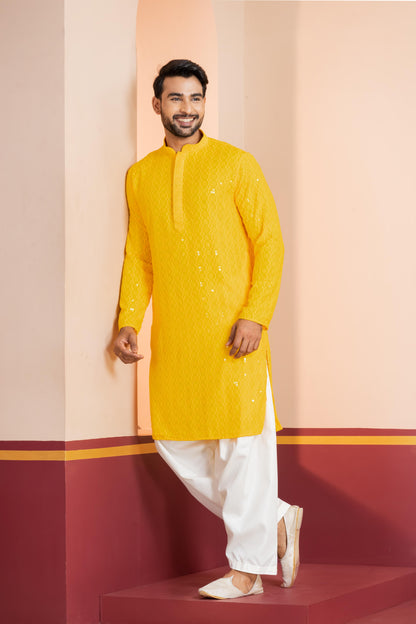 Zavaya Men Yellow Embroidery Cotton Blend Kurta Patiala Set