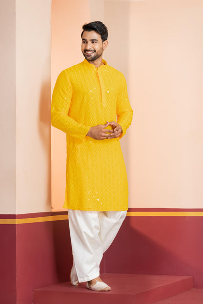 Zavaya Men Yellow Embroidery Cotton Blend Kurta Patiala Set