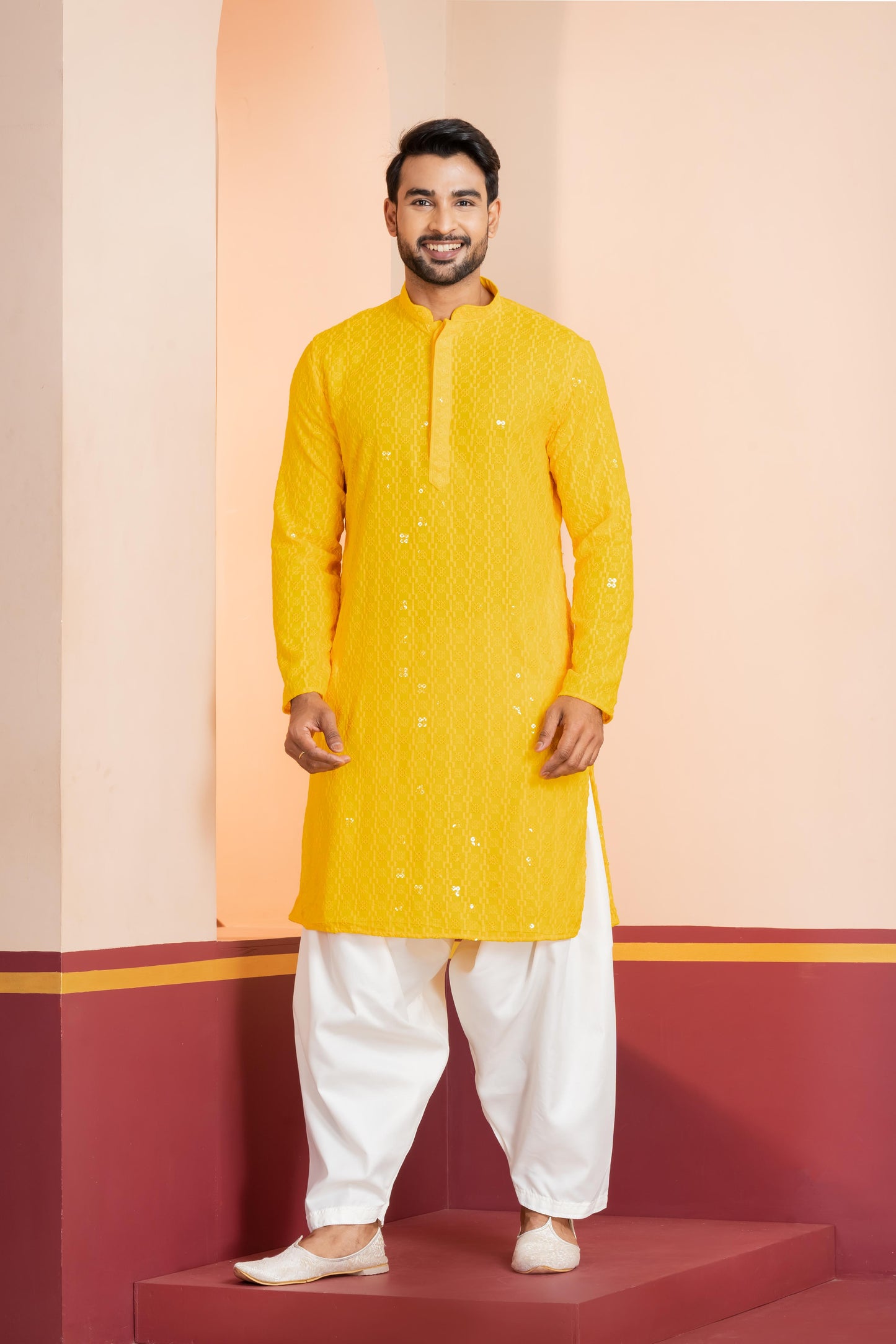 Zavaya Men Yellow Embroidery Cotton Blend Kurta Patiala Set