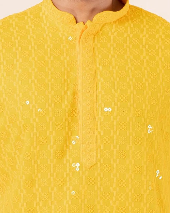 Zavaya Men Yellow Embroidery Cotton Blend Kurta Patiala Set