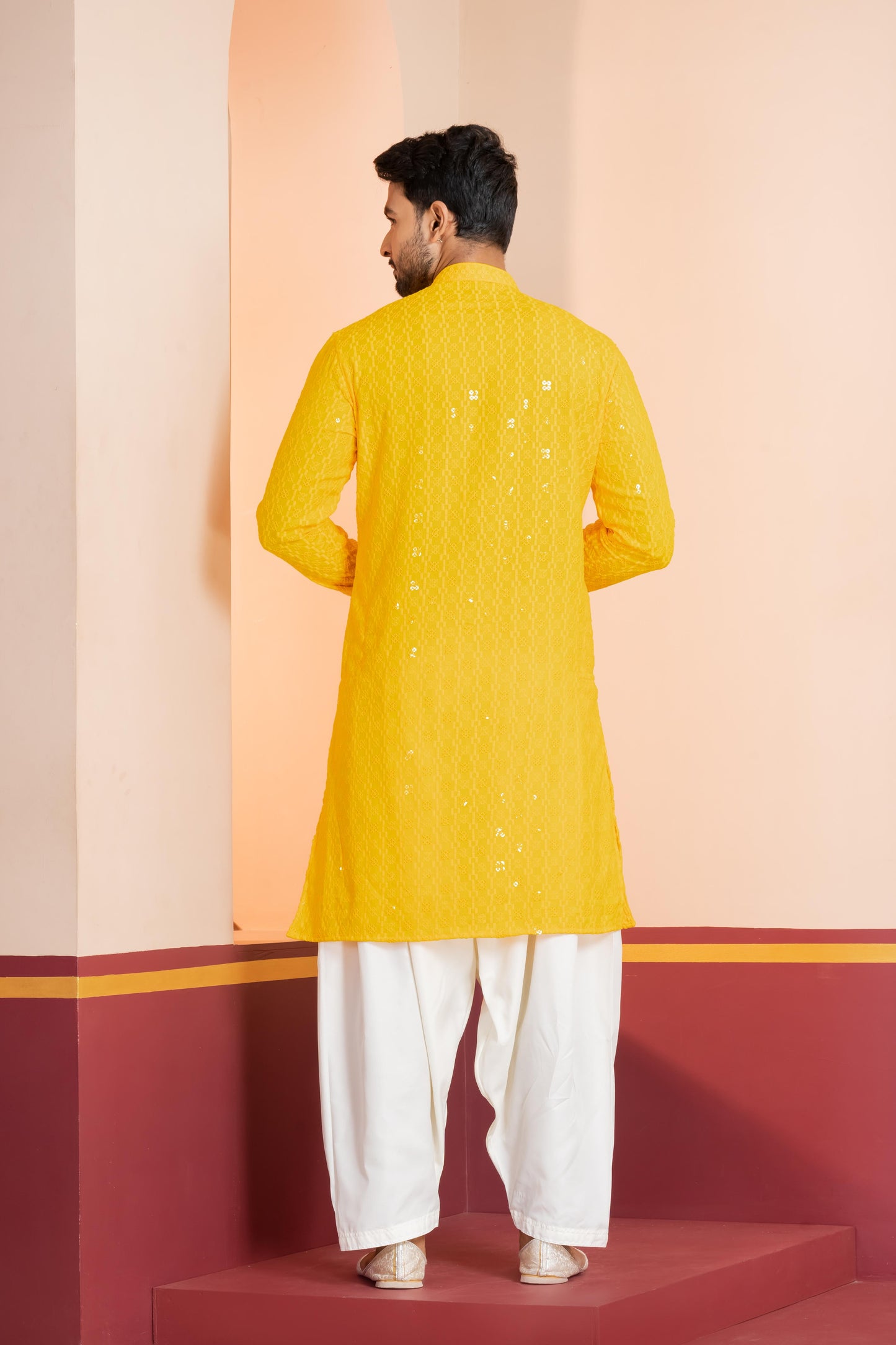 Zavaya Men Yellow Embroidery Cotton Blend Kurta Patiala Set