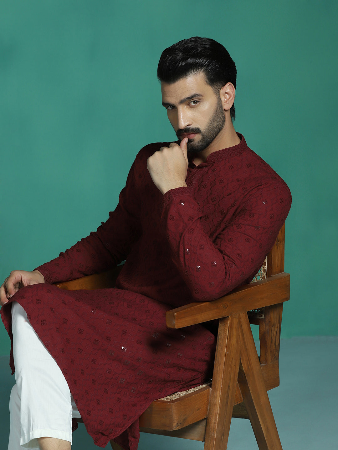 Zavaya Men Red Embroidery Cotton Blend Kurta