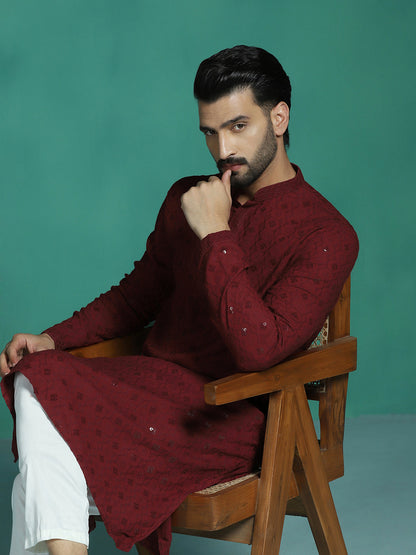 Zavaya Men Red Embroidery Cotton Blend Kurta