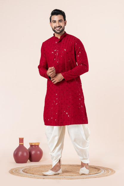 Zavaya Men Red Embroidery Cotton Blend Kurta Dhoti Set