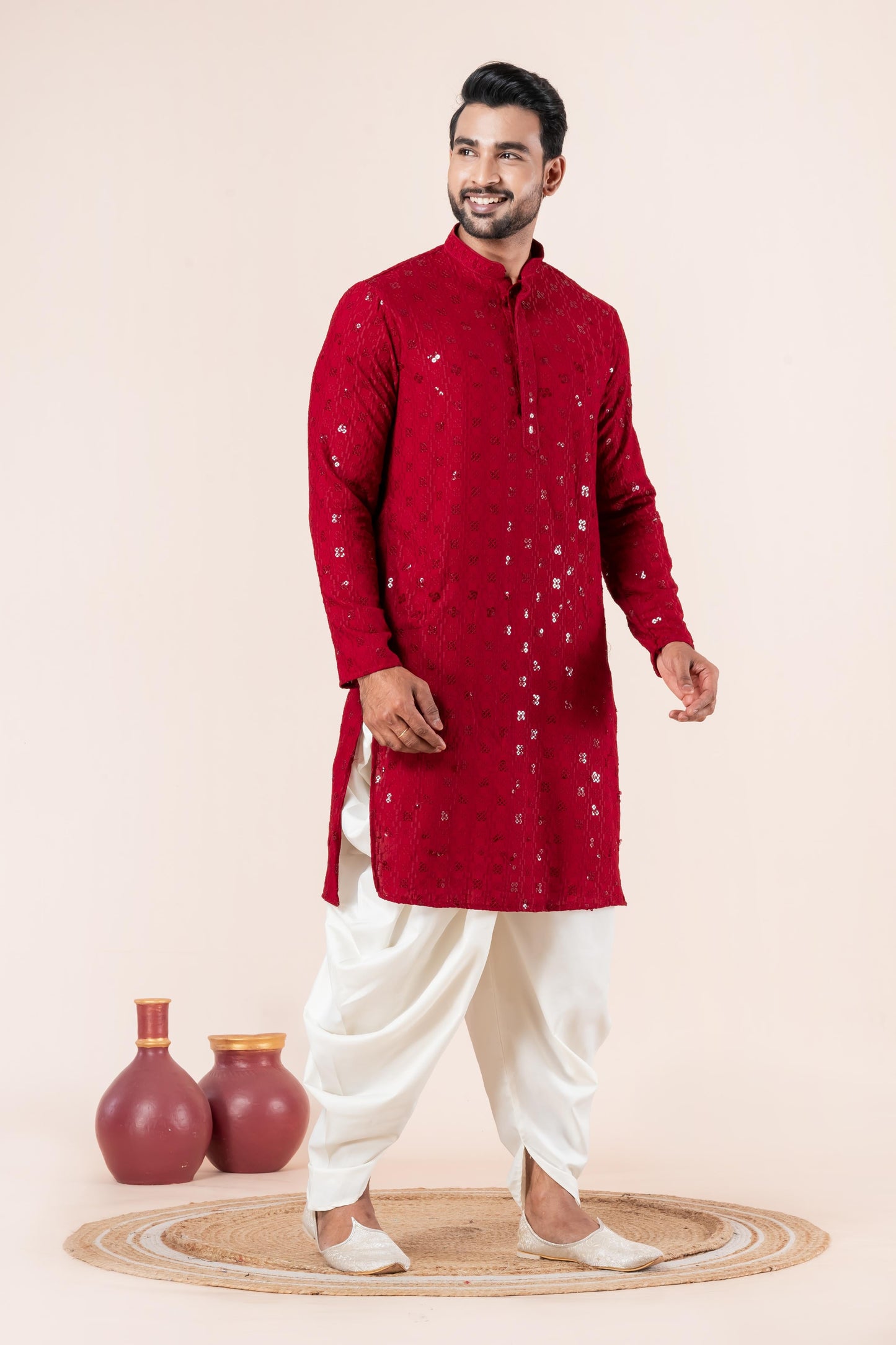 Zavaya Men Red Embroidery Cotton Blend Kurta Dhoti Set