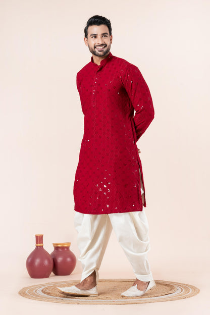 Zavaya Men Red Embroidery Cotton Blend Kurta Dhoti Set