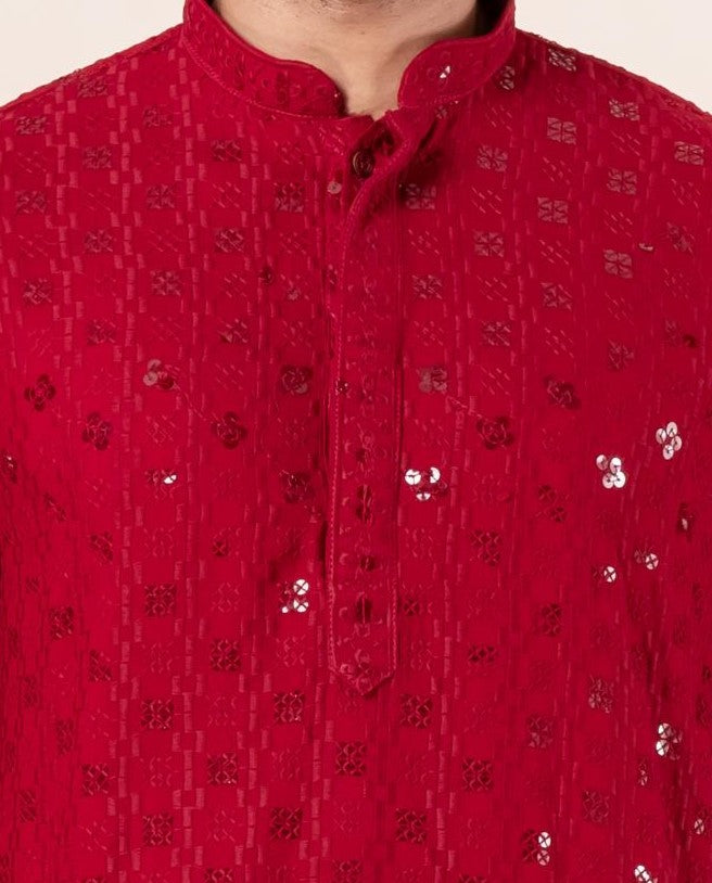 Zavaya Men Red Embroidery Cotton Blend Kurta Dhoti Set