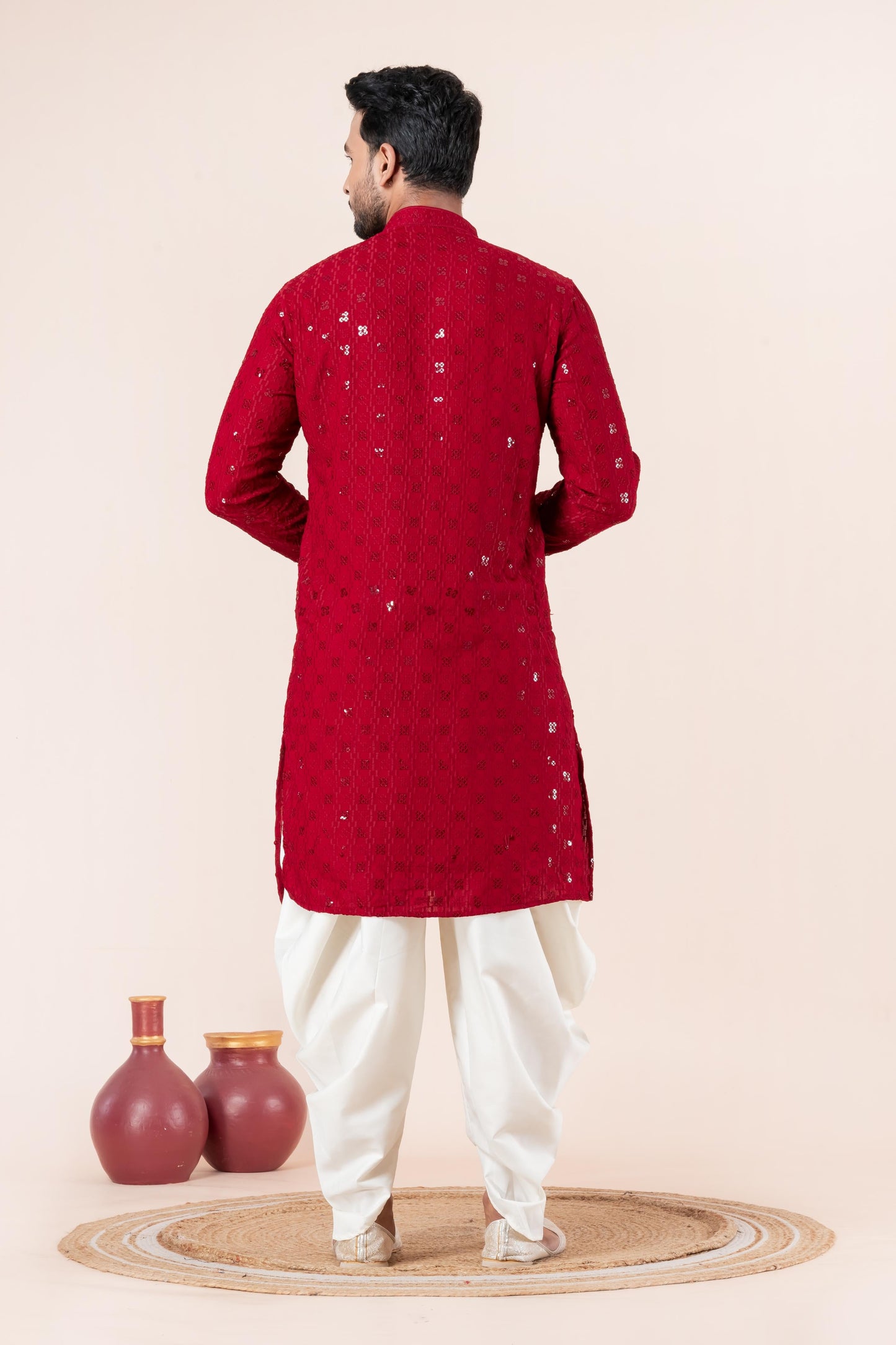 Zavaya Men Red Embroidery Cotton Blend Kurta Dhoti Set