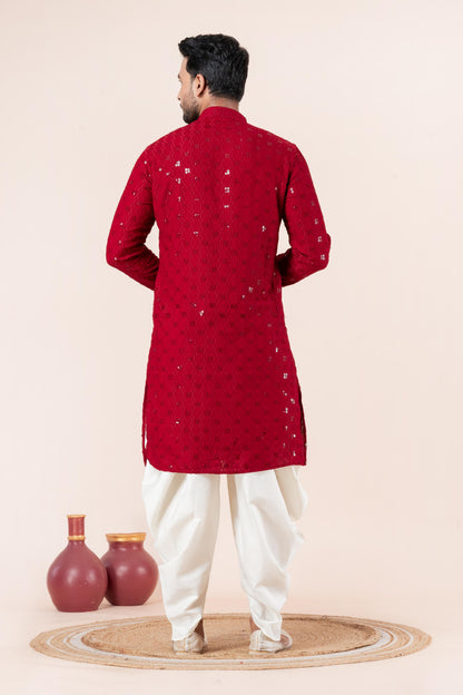 Zavaya Men Red Embroidery Cotton Blend Kurta Dhoti Set
