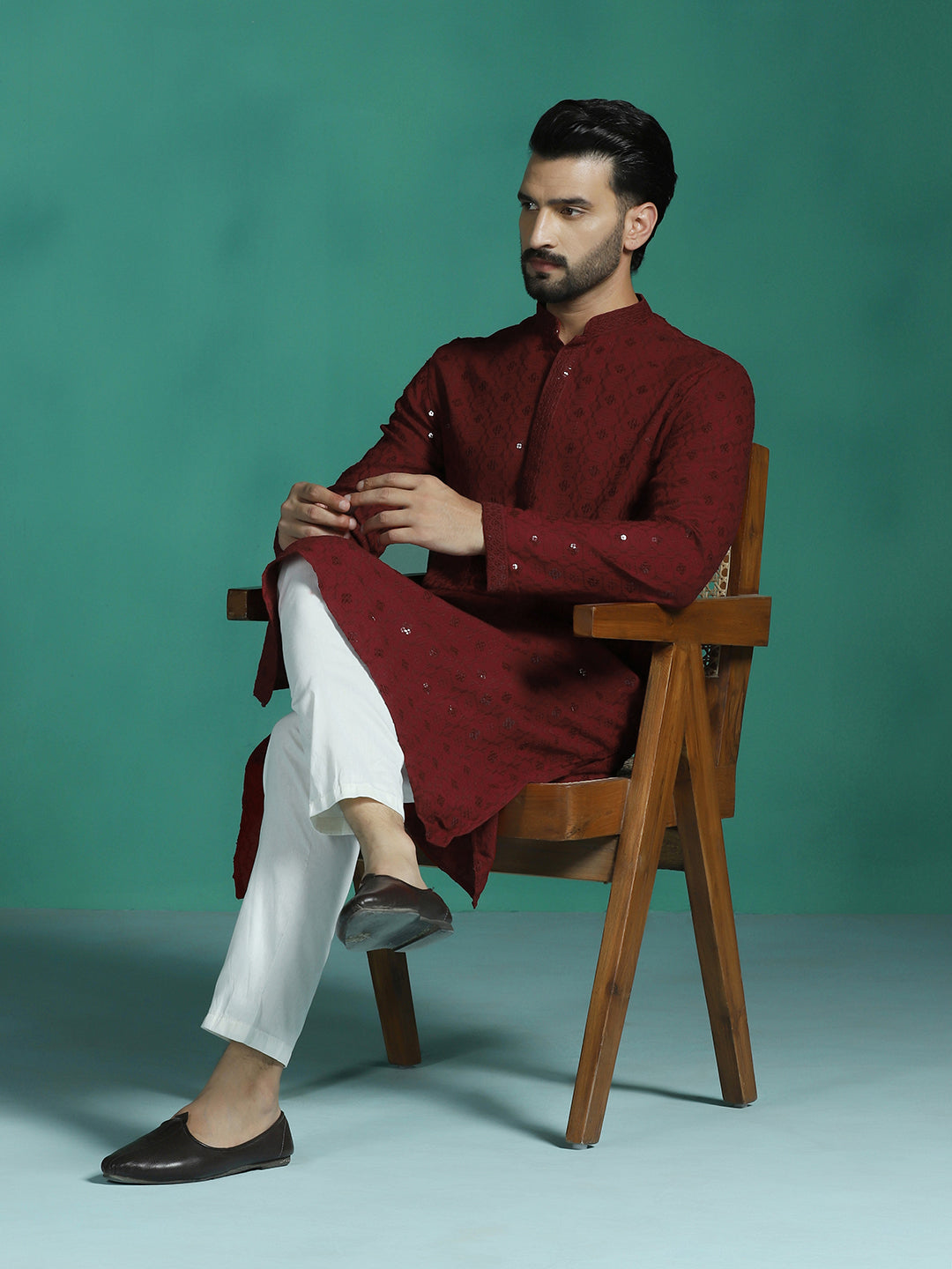 Zavaya Men Red Embroidery Cotton Blend Kurta Pyjama Set