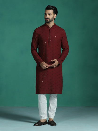 Zavaya Men Red Embroidery Cotton Blend Kurta Pyjama Set
