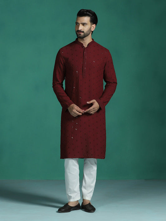 Zavaya Men Red Embroidery Cotton Blend Kurta