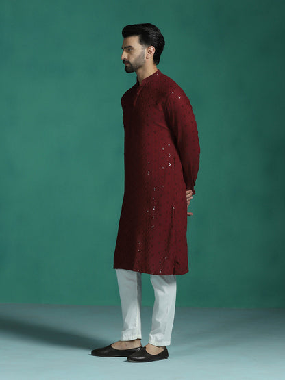 Zavaya Men Red Embroidery Cotton Blend Kurta
