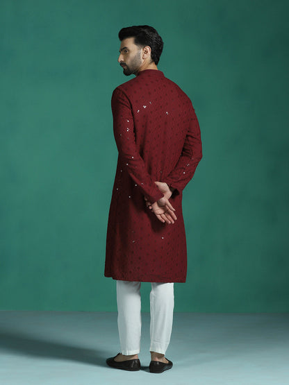 Zavaya Men Red Embroidery Cotton Blend Kurta Pyjama Set
