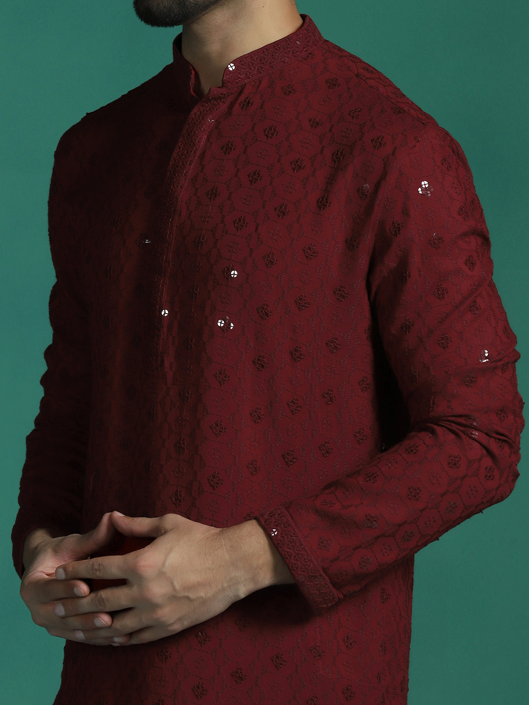 Zavaya Men Red Embroidery Cotton Blend Kurta Pyjama Set