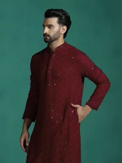 Zavaya Men Red Embroidery Cotton Blend Kurta