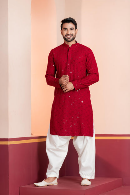 Zavaya Men Red Embroidery Cotton Blend Kurta Patiala Set