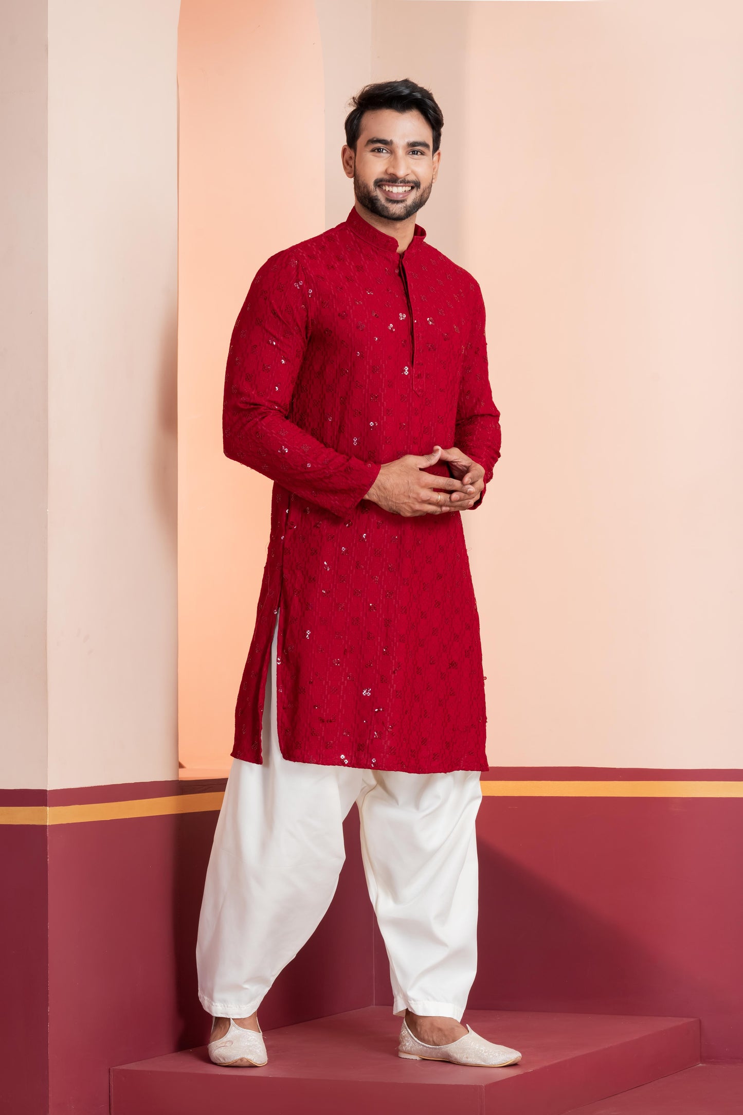 Zavaya Men Red Embroidery Cotton Blend Kurta Patiala Set
