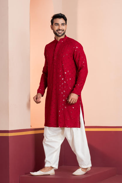 Zavaya Men Red Embroidery Cotton Blend Kurta Patiala Set