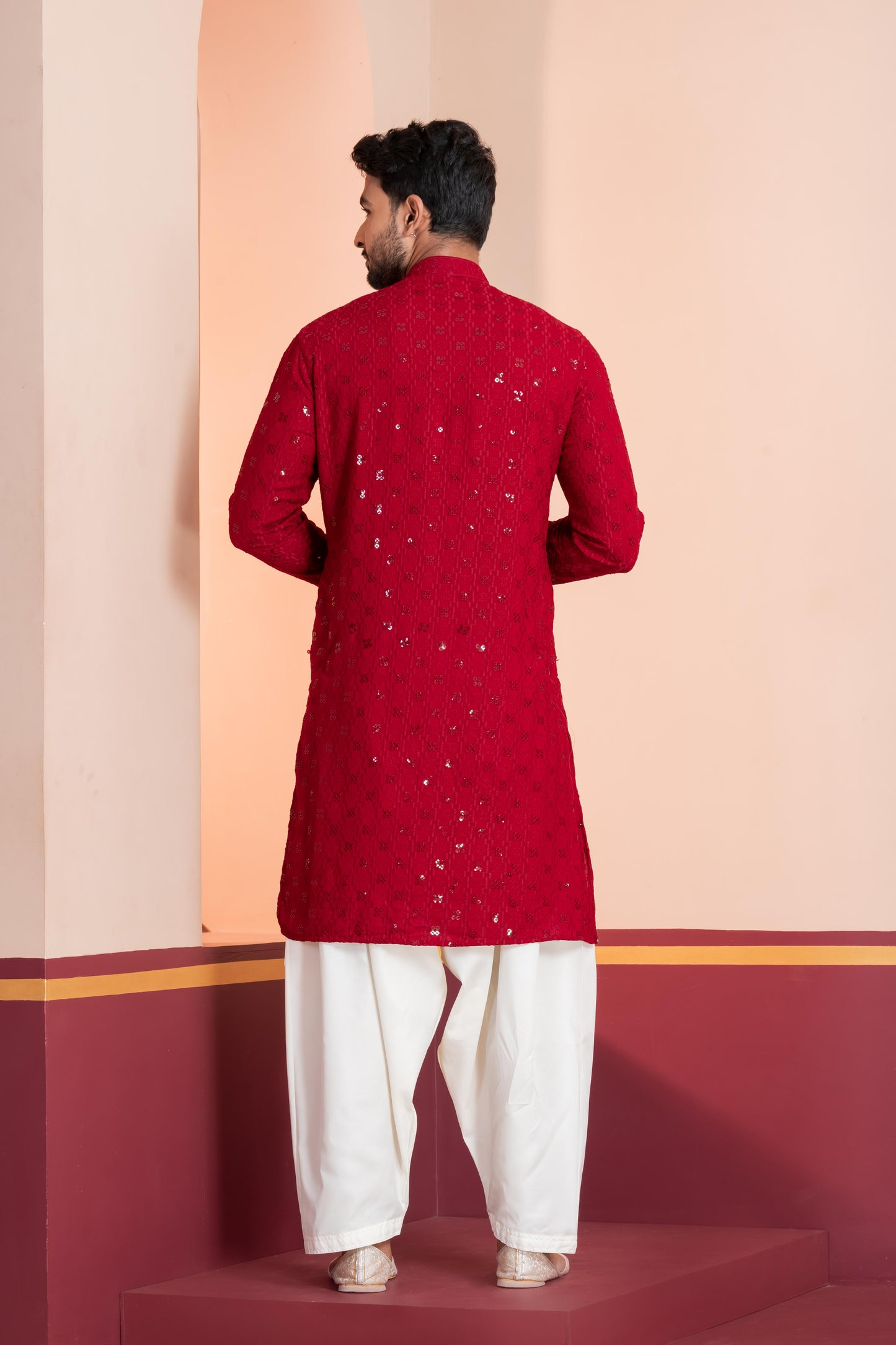 Zavaya Men Red Embroidery Cotton Blend Kurta Patiala Set