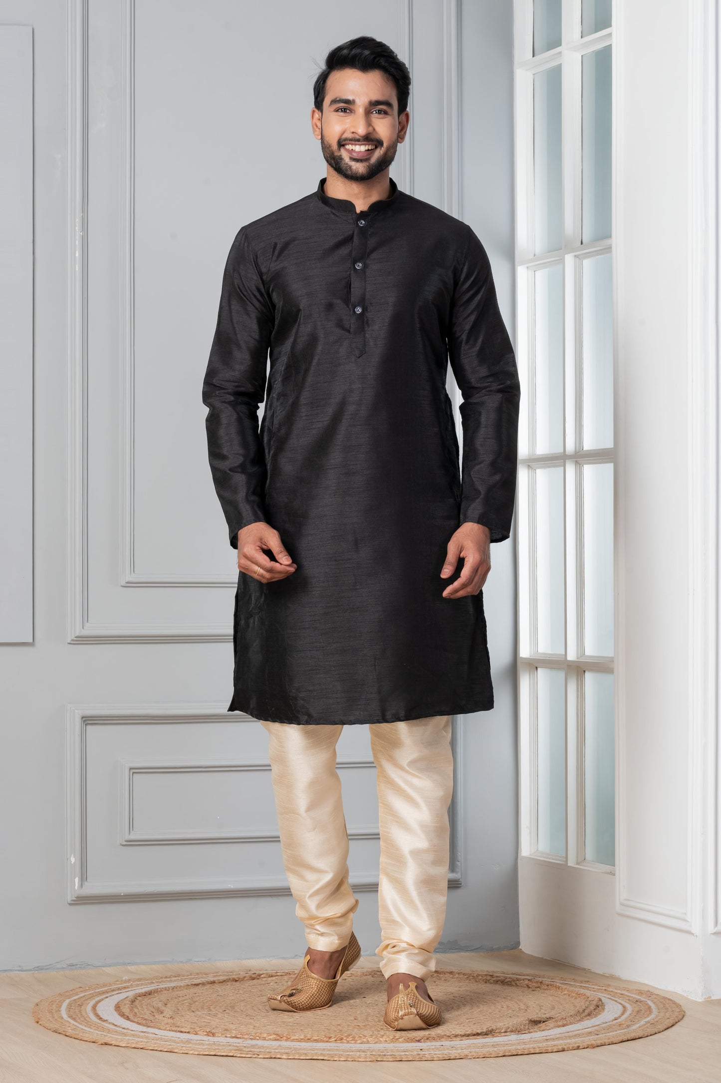 Zavaya Men Black Solid Banarasi Silk Kurta Churidar Set