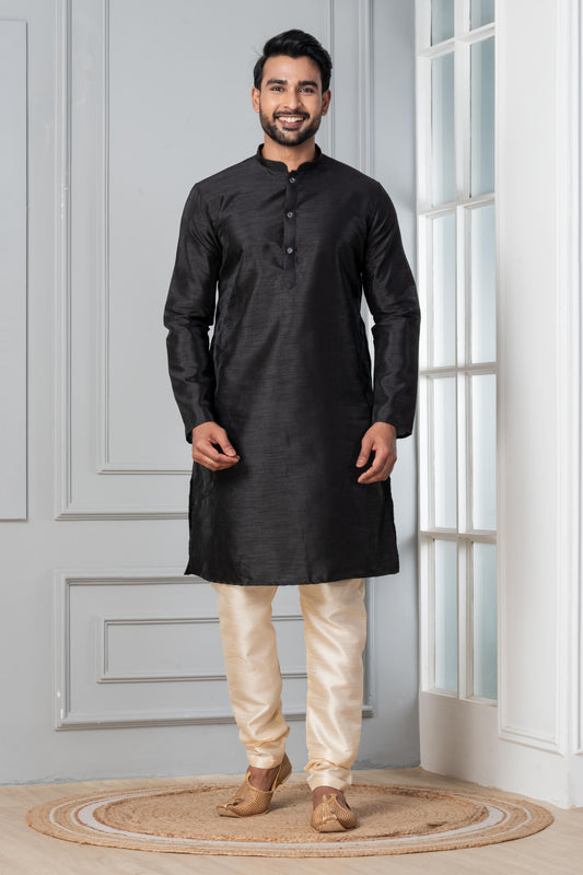 Zavaya Men Black Solid Banarasi Silk Kurta Churidar Set