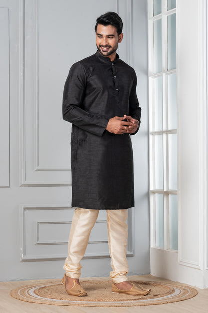 Zavaya Men Black Solid Banarasi Silk Kurta Churidar Set