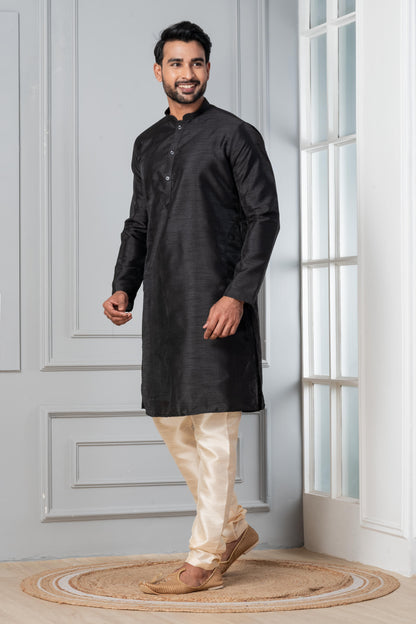 Zavaya Men Black Solid Banarasi Silk Kurta Churidar Set