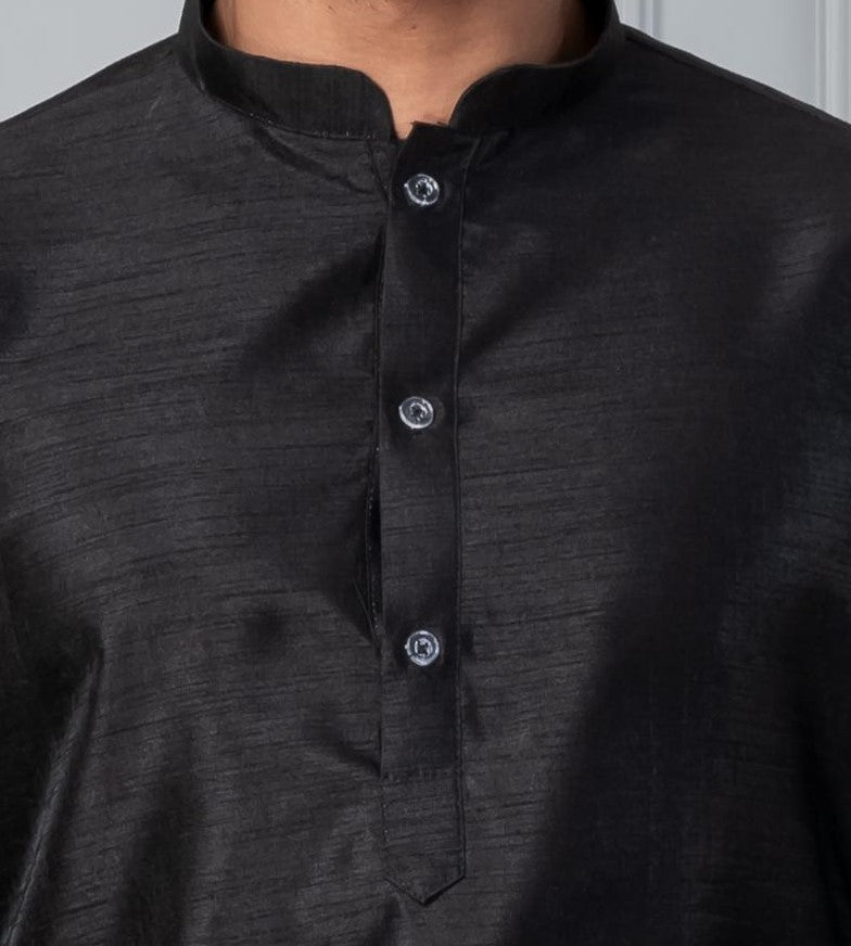Zavaya Men Black Solid Banarasi Silk Kurta Churidar Set