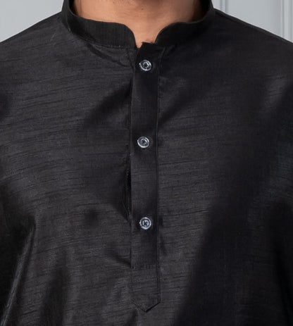 Zavaya Men Black Solid Banarasi Silk Kurta Churidar Set