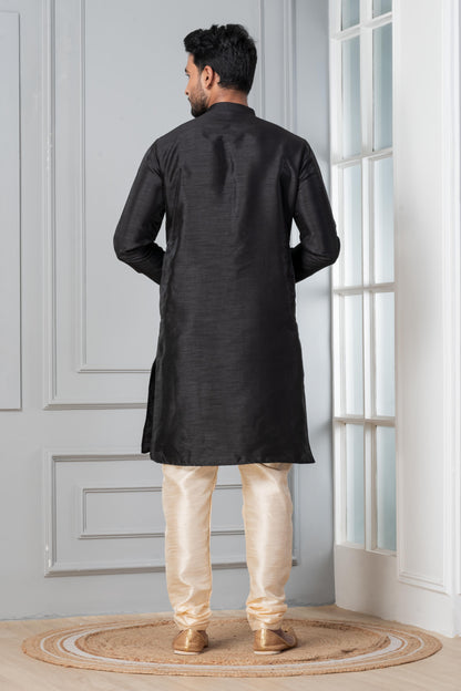 Zavaya Men Black Solid Banarasi Silk Kurta Churidar Set