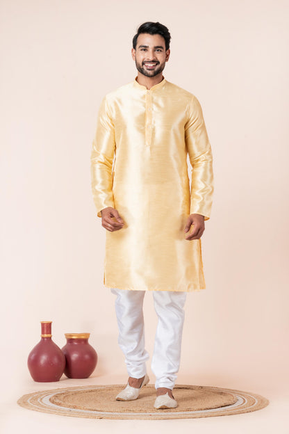 Zavaya Men Yellow Solid Banarasi Silk Kurta Churidar Set