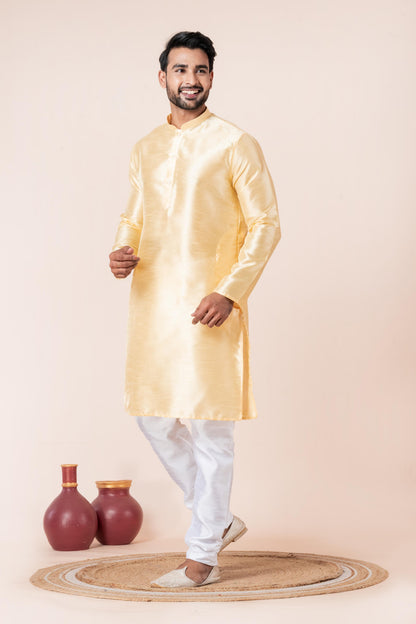 Zavaya Men Yellow Solid Banarasi Silk Kurta Churidar Set