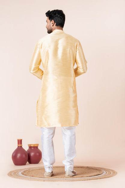 Zavaya Men Yellow Solid Banarasi Silk Kurta Churidar Set