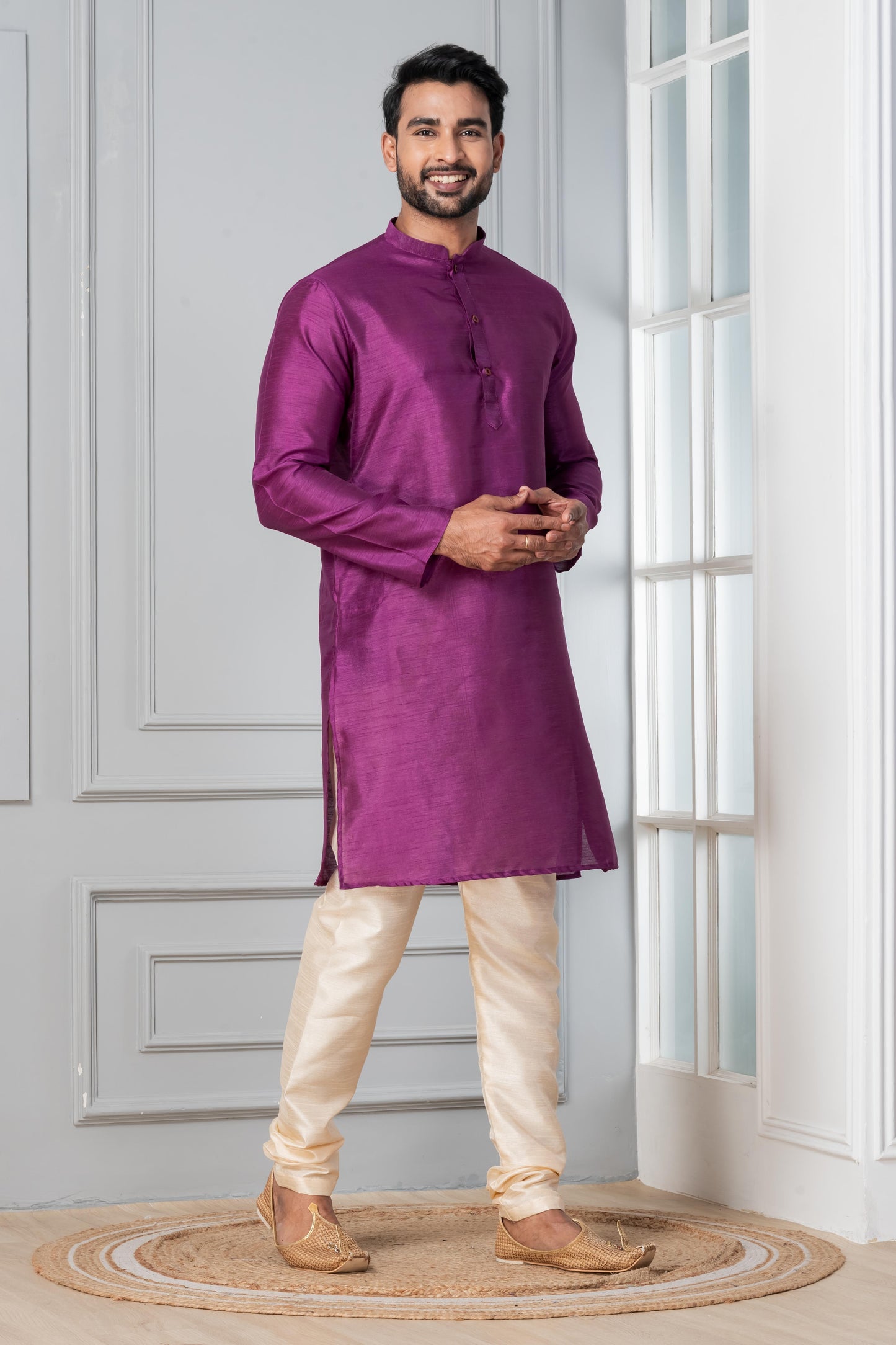 Zavaya Men Purple Solid Banarasi Silk Kurta Churidar Set