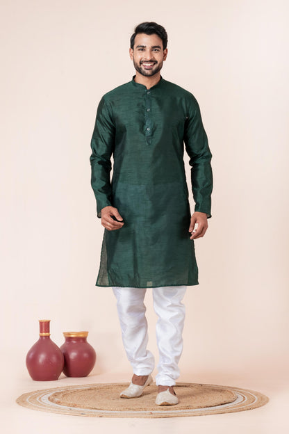 Zavaya Men Dark Green Solid Banarasi Silk Kurta Churidar Set