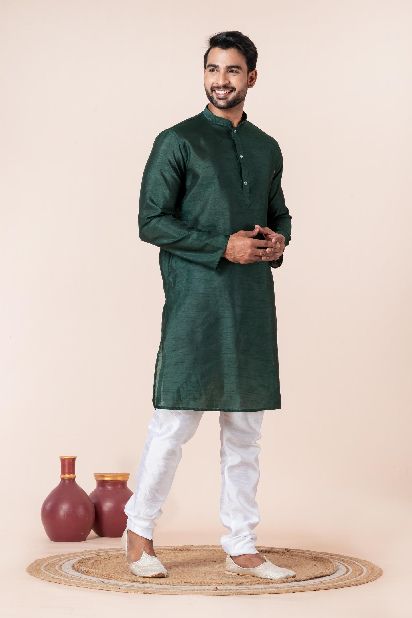 Zavaya Men Dark Green Solid Banarasi Silk Kurta Churidar Set