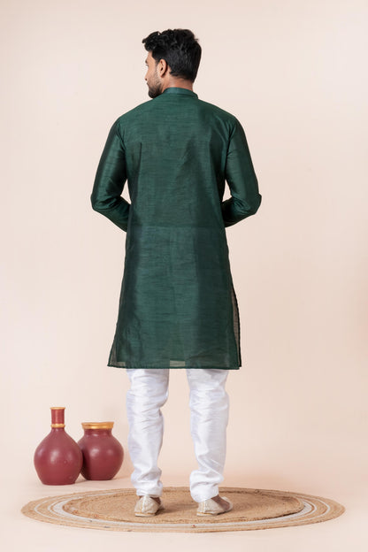 Zavaya Men Dark Green Solid Banarasi Silk Kurta Churidar Set