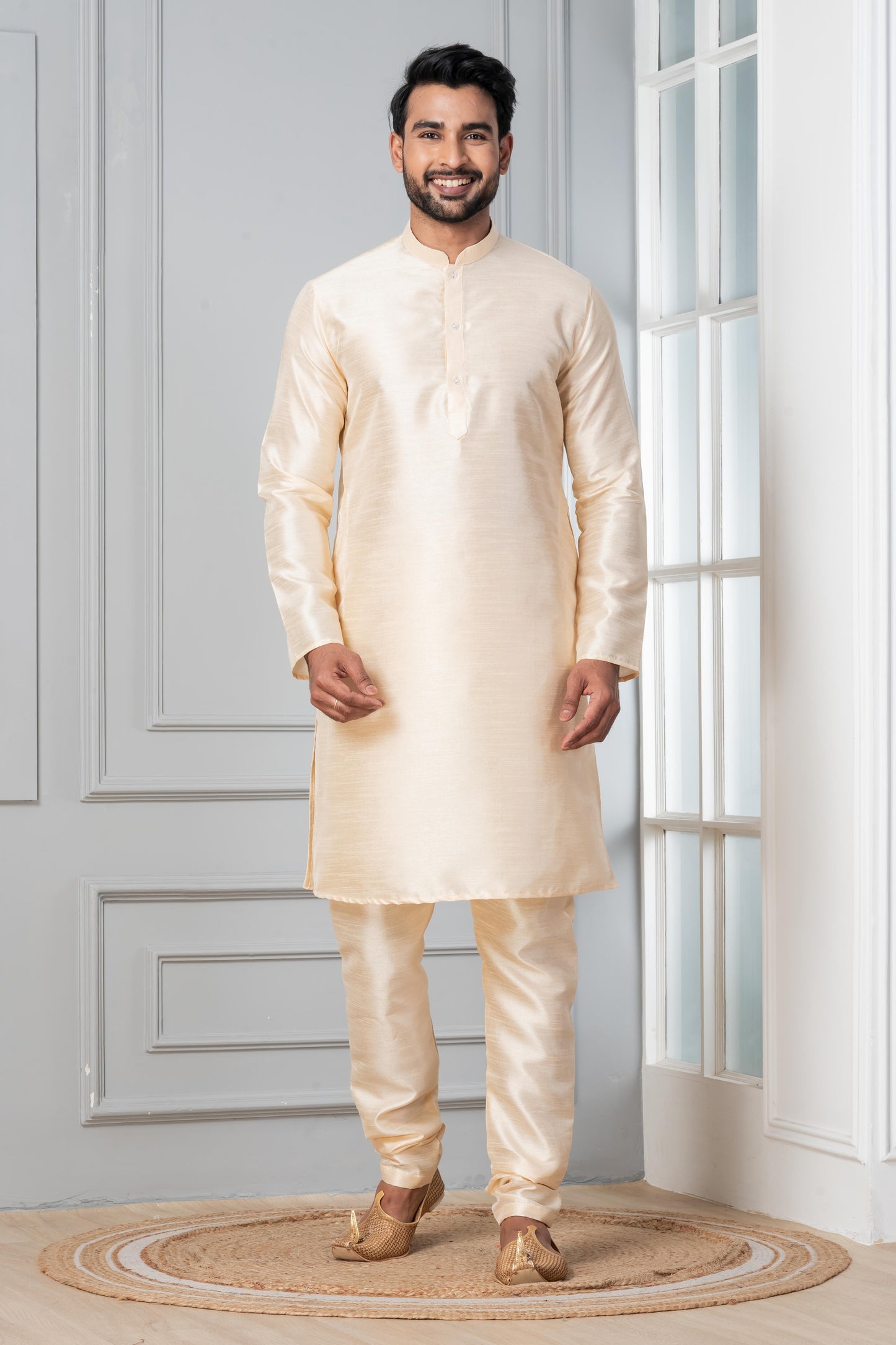 Zavaya Beige Plain Dupion Silk Kurta Churidar Set
