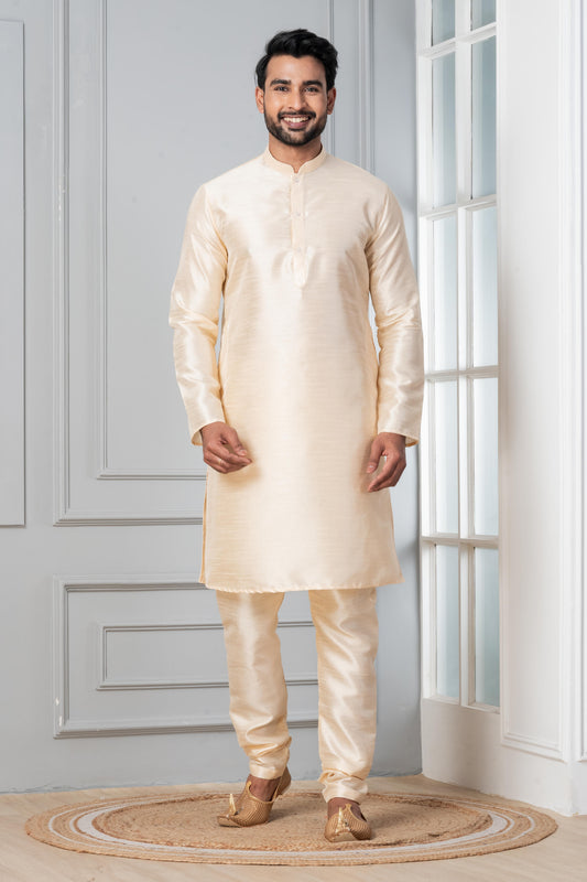 Zavaya Beige Plain Dupion Silk Kurta Churidar Set