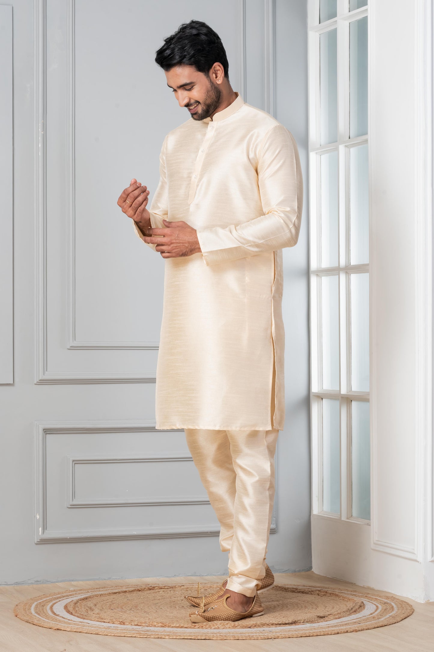 Zavaya Beige Plain Dupion Silk Kurta Churidar Set