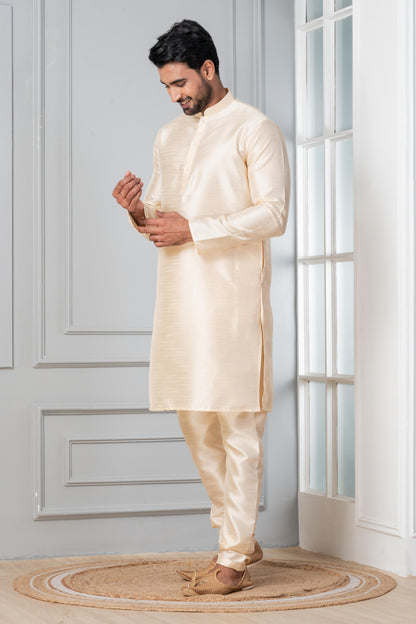 Zavaya Beige Plain Dupion Silk Kurta Churidar Set